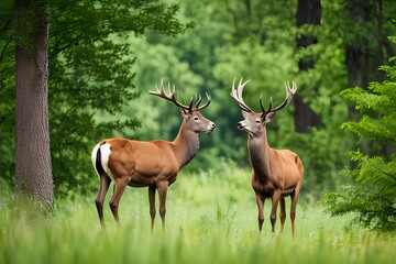Two red deer, cervus elaphus, standing close together and touching with noses in woodland in summer nature. Wild animals couple looking to each other in forest. Stag and hind smelling in wilderness