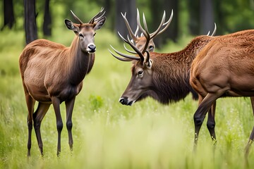 Naklejka na ściany i meble Two red deer, cervus elaphus, standing close together and touching with noses in woodland in summer nature. Wild animals couple looking to each other in forest. Stag and hind smelling in wilderness