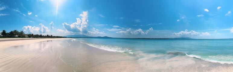 A beautiful sandy beach with clear blue water and bright sunlight, offering ideal conditions for summer holidays