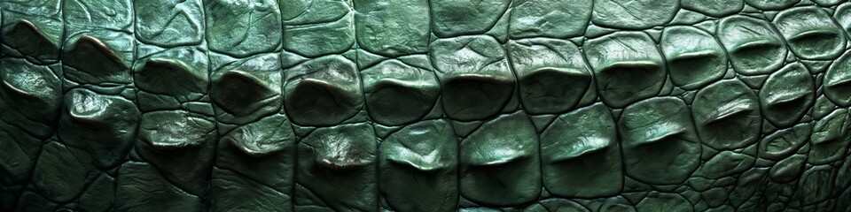 The texture of the green skin of a crocodile, alligator or lizard is a unique pattern symbolizing strength and natural elegance - obrazy, fototapety, plakaty