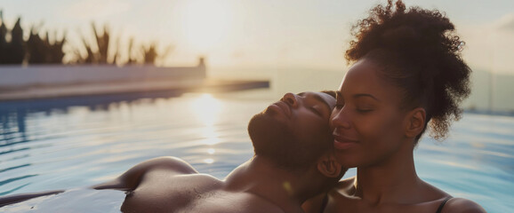 Lifestyle portrait of attractive black couple in love on honeymoon vacation relaxing in infinity pool at luxury resort at sunset - obrazy, fototapety, plakaty