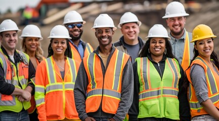 A motley group of construction workers standing together, smiling and wearing bright orange vests and white helmets