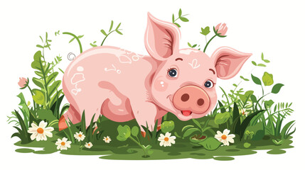 Cartoon cute baby pig in the garden flat vector isolated