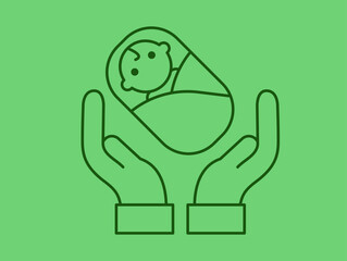 Newborn baby symbol in hands of a person, parent, custodian, medical staff. Love and care for babies. Line art vector. Newborn icon.