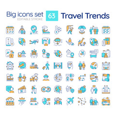 Travel trends RGB color icons set. Global travel. Responsible tourism, Technology integration. Travel activities. Isolated vector illustrations. Simple filled line drawings collection. Editable stroke