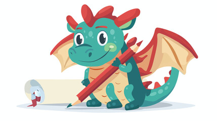 Cartoon cute dragon holding red pencil flat vector isolated