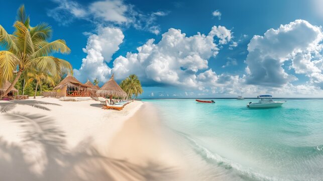 Panoramic view of the amazing beach in the Maldives, blue sky with clouds, palm trees and thatched huts on white sand