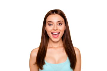 Closeup photo portrait of pretty attractive beautiful with open mouth toothy beaming smile lady she her looking at camera isolated on bright vivid background