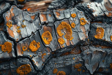 Depth effect and a realistic texture of bark with yellow lichen, presented in a 3D close-up