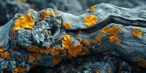 Depth effect and a realistic texture of bark with yellow lichen, presented in a 3D close-up - obrazy, fototapety, plakaty