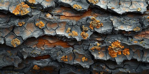 Depth effect and a realistic texture of bark with yellow lichen, presented in a 3D close-up