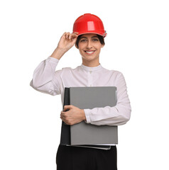 Architect with hard hat and folders on white background