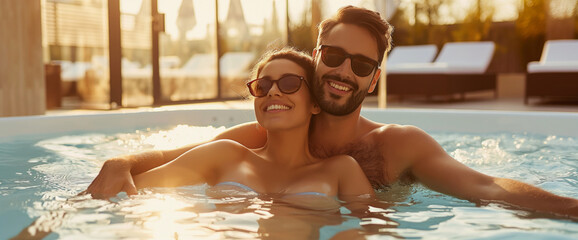 Lifestyle portrait of attractive couple on honeymoon vacation relaxing in pool at luxury resort spa at sunset