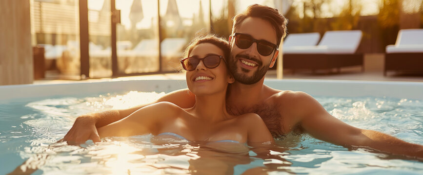 Lifestyle portrait of attractive couple on honeymoon vacation relaxing in pool at luxury resort spa at sunset