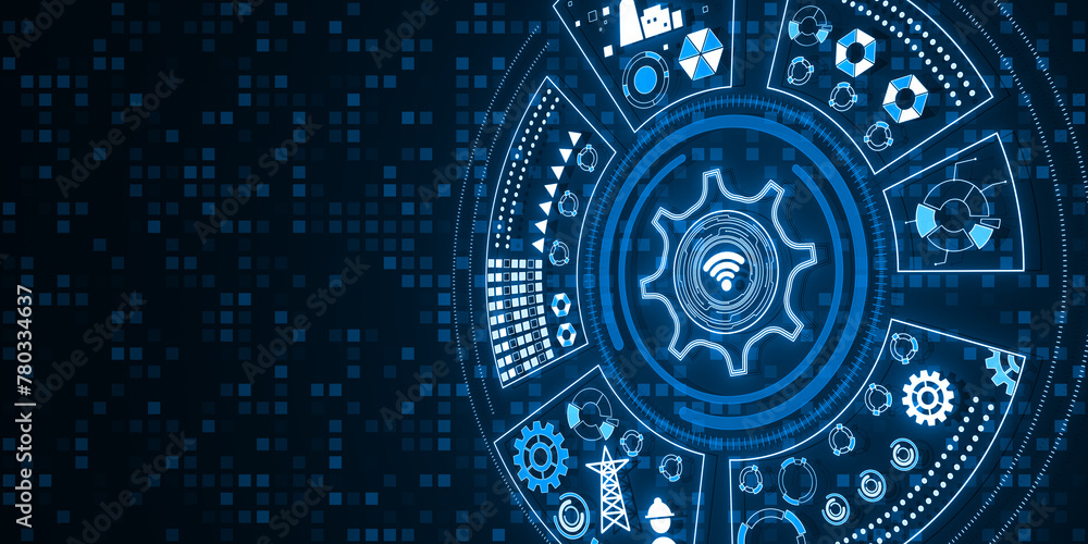 Poster Abstract round digital cogwheel and other icons hologram on blue backdrop. Tech support and innovation concept. Mock up place. 3D Rendering.