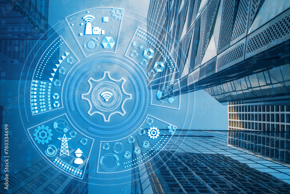Poster abstract round digital cogwheel and other icons hologram on blurry city background. tech support and