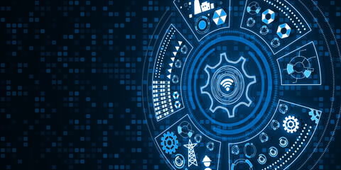Abstract round digital cogwheel and other icons hologram on blue backdrop. Tech support and innovation concept. Mock up place. 3D Rendering. - obrazy, fototapety, plakaty