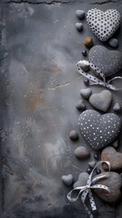 Assortment of patterned heart-shaped stones and beads on a textured surface - obrazy, fototapety, plakaty