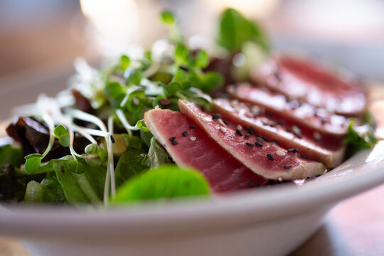 Ahi Tuna salad in a bowl close up