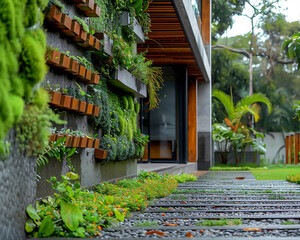 Eco-friendly architecture with living walls and recycled materials, photographic