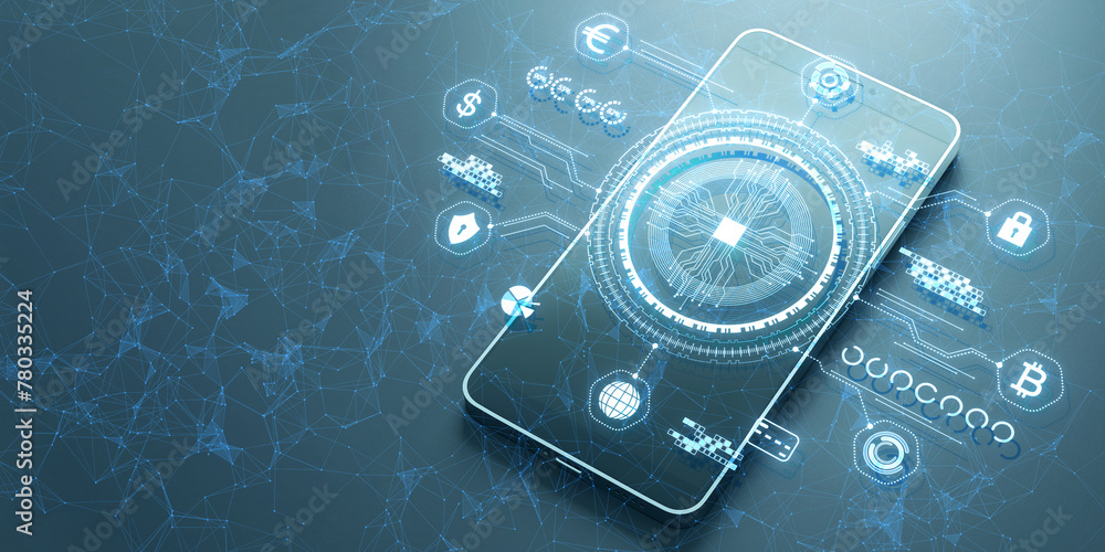 Poster close up of smartphone with creative digital polygonal business hologram with circuit, banking and s