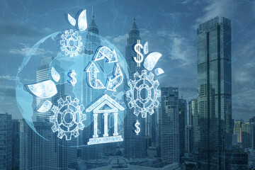 Creative esg hologram on blurry blue city backdrop. Business and organization, Environment, Social,...