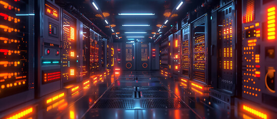 Isometric view of a server room with glowing racks and a clean, organized design - obrazy, fototapety, plakaty
