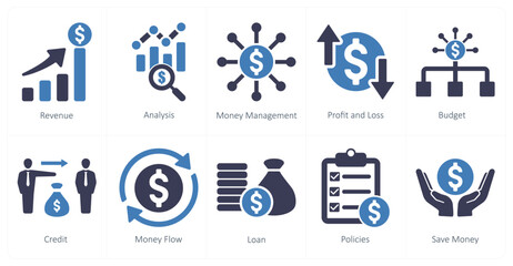 A set of 10 accounting icons as revenue, analysis, money management
