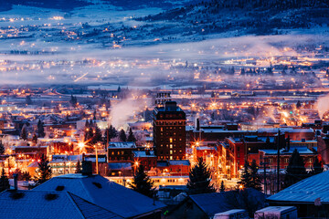 Foggy winter morning cityscape of Butte, America