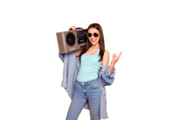 Dance with me concept. Photo of pretty modern vintage cool charming gorgeous nice great with toothy beaming smile she her millennial student youngster hold radio on shoulder isolated bright background