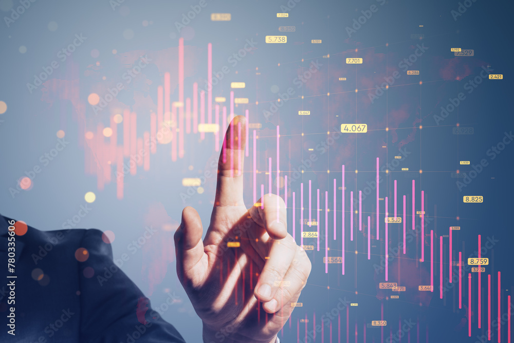 Aufkleber Close up of businessman hand pointing at downward red forex chart with map, grid and index on blurry background. Financial crisis and recession concept. Double exposure.