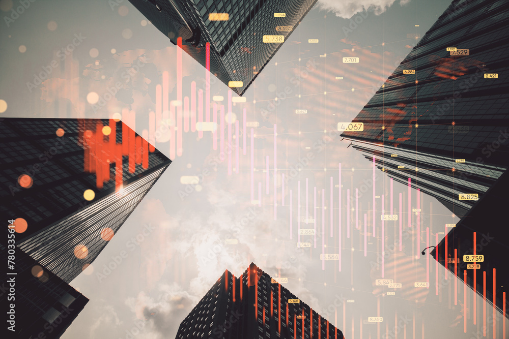 Poster abstract downward red forex chart with map, grid and index on blurry city backdrop. financial crisis