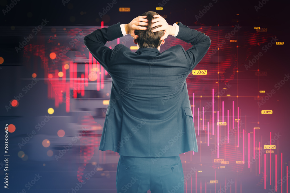 Poster back view of stressed young businessman with downward red forex chart with map, grid and index on bl
