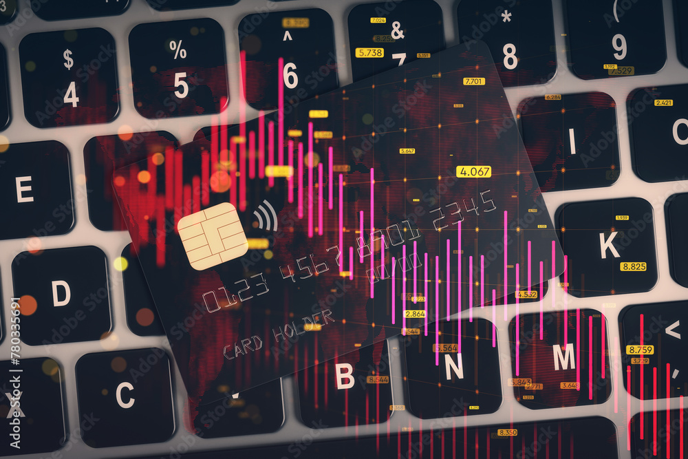 Poster Close up of bank card and laptop keyboard with downward red forex chart with map, grid and index on blurry background. Banking and crisis concept. Double exposure.