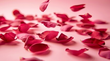 Delicate pink rose petals scattered on a pink background. The petals are soft and velvety, and they seem to be floating in the air.