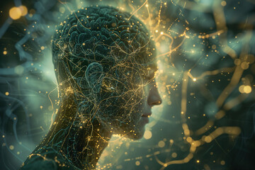 An animated graphic overlay of the nervous system superimposed on a person's silhouette, illustrating neural pathways and brain functions. - obrazy, fototapety, plakaty