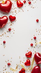 Festive red heart balloons with golden ribbon and confetti on white background