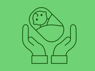 Childbirth illustration symbol. Newborn baby symbol in hands of a person, parent, custodian, medical staff. Love and care for babies. Line art.
