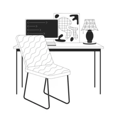 Foto op Canvas Minimalist home office with pc 2D linear cartoon objects. Computer on table in interior design isolated vector outline items. Workplace organization monochromatic flat spot illustration © The img