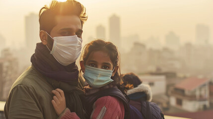 Family with protective masks against urban air pollution, depicting health concerns
