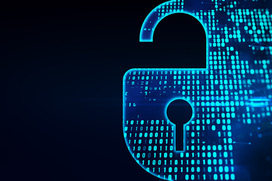 Creative digital blue padlock on dark background with mock up place. Safety and web protection concept. 3D Rendering.