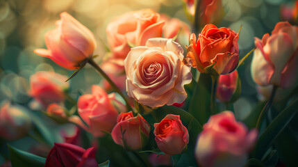 Romantic Bouquet of Pink and Red Roses Amongst Tulips Capturing Love and Affection