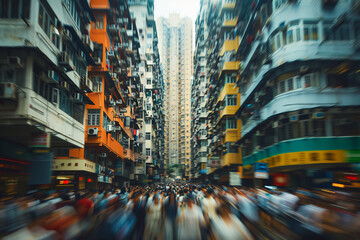 High-density urban living with motion blur of bustling city life amidst colorful Hong Kong apartments