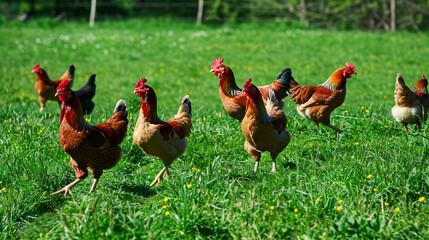 Free-Range Chickens Grazing in Lush Green Pasture on a Sunny Day in Rural Farmland