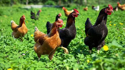 Free-Range Chickens Grazing in Lush Green Pasture on a Sunny Day in Rural Farmland