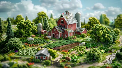 3d isometric illustration of a farm with a red barn, silo and vegetable garden, surrounded by trees and animals