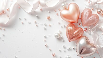 Elegant heart-shaped objects and ribbons on a white background