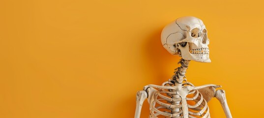 Human skeleton on orange background with copy space for text, halloween concept, banner mockup template. Space for advertising and banner decoration of halloween party concept. 