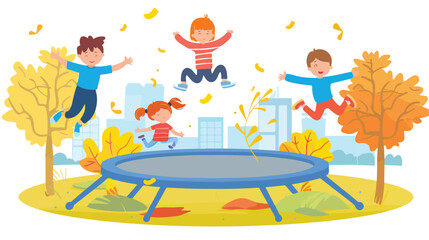 Funny children jump on a trampoline in a city park
