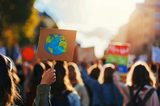Eco-activism in motion with a hand holding a Globe symbol sign during an environmental protest